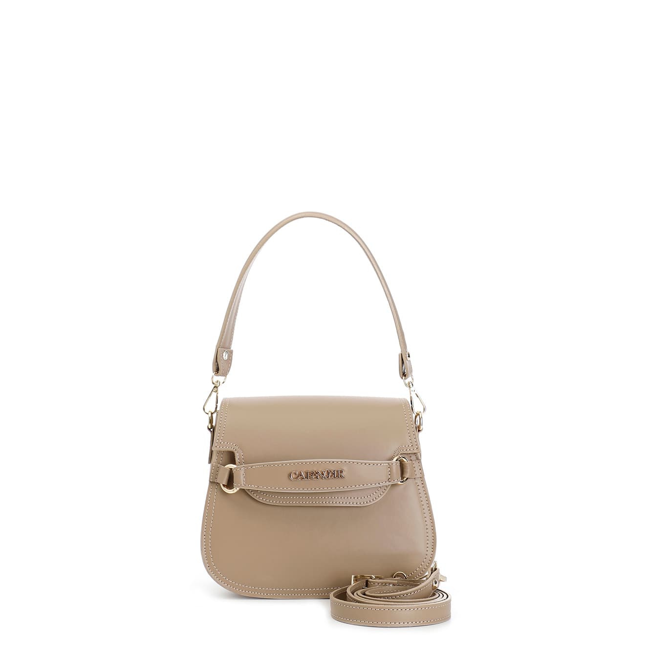 rabat en cuir avec bandoulière courte, boucle avec inscription taupe taglia unica