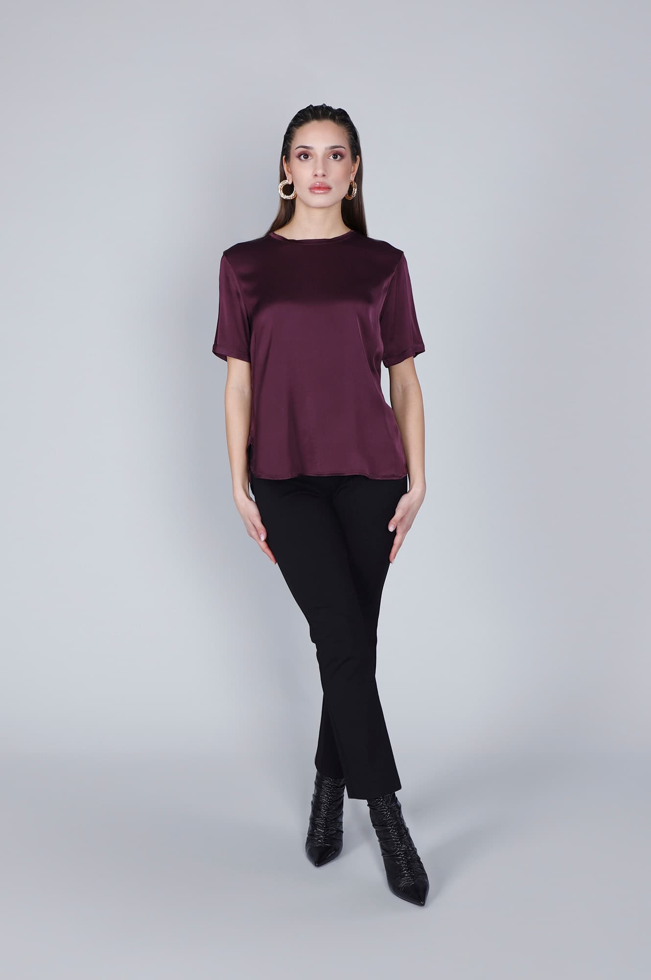 chemisier en satin à manches courtes aubergine m