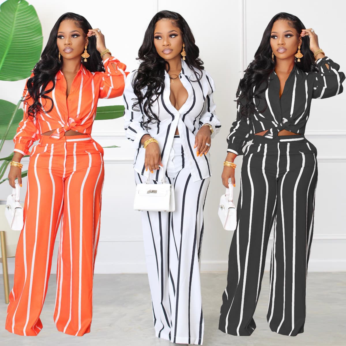 striped Printed Long-sleeved Shirt And Trousers Two-piece Suit