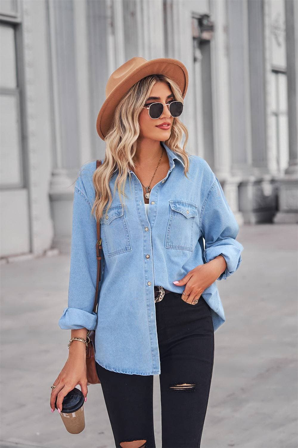 New Light-colored Slim Denim Long Sleeve Shirt For Women