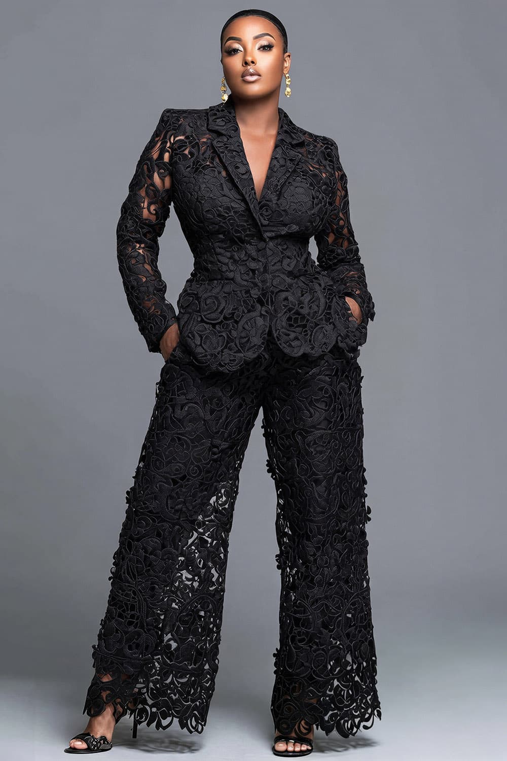 Xpluswear Design Plus Size Formal Black Lapel Collar Long Sleeve Cut Out Pocket Guipure Lace Two Piece Pant Suits Black-XL/14-16