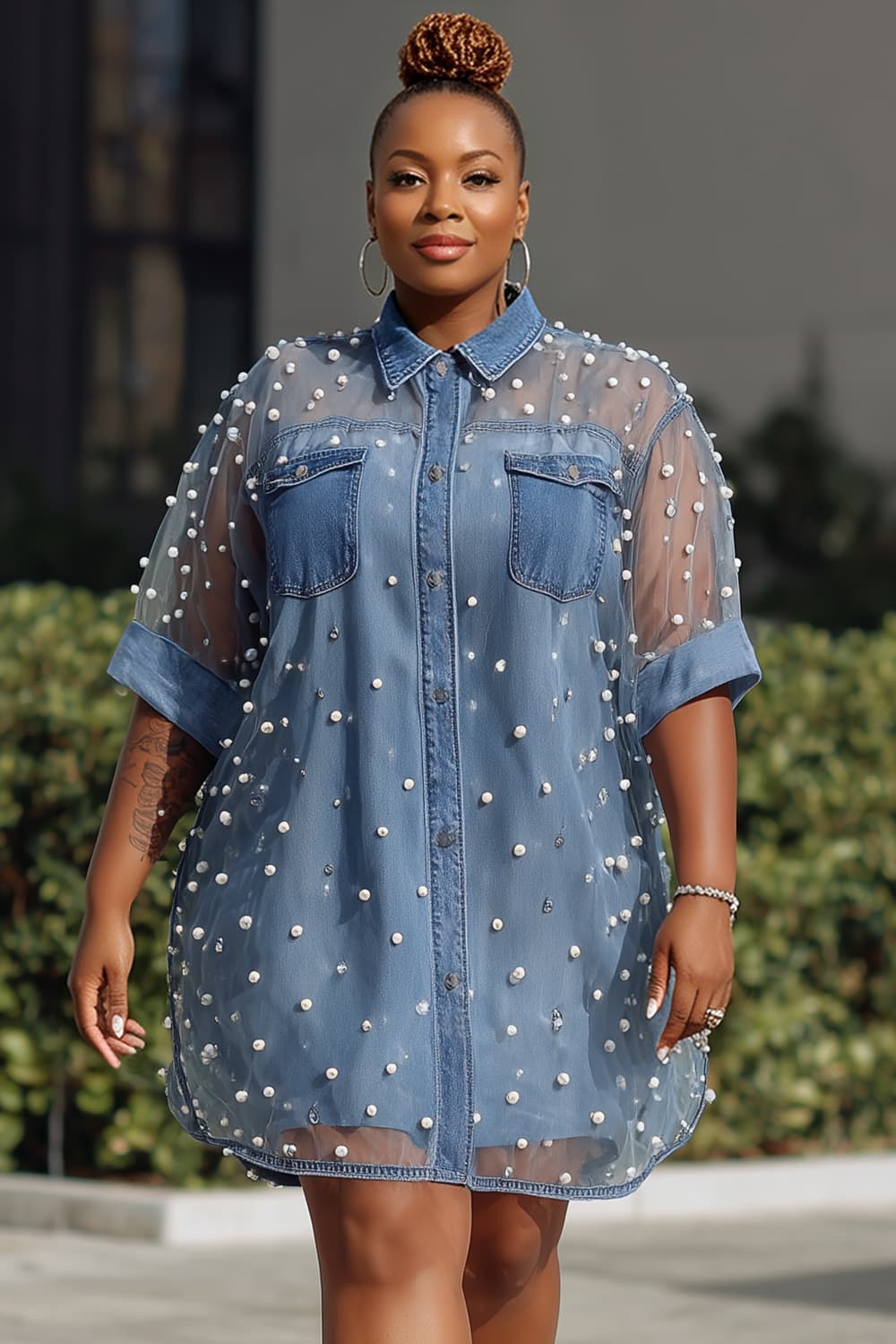 Xpluswear Design Plus Size Festival Casual Tulle Blue Shirt Collar Short Sleeve Pearls See Through Tencel Denim Mini Dresses Blue-4XL/26