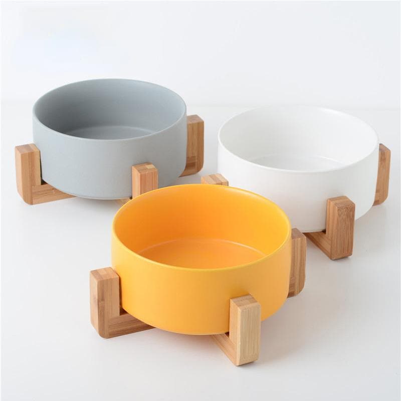 Gamelle en céramique antidérapante pour chien, diamètre de 12,8 à 20 cm, avec support en bois. jaune