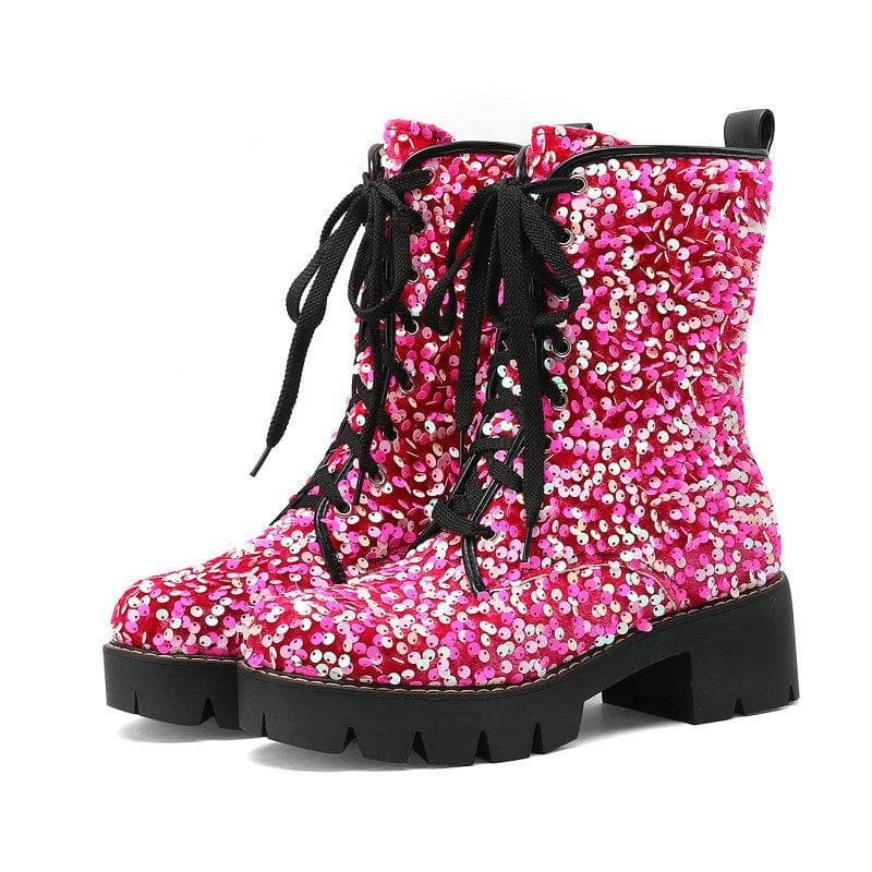 Chaussures de soirée gothiques à paillettes pour femmes, chaussures à lacets brillantes, plateforme, talons épais, bottines, chaussures de mariage
