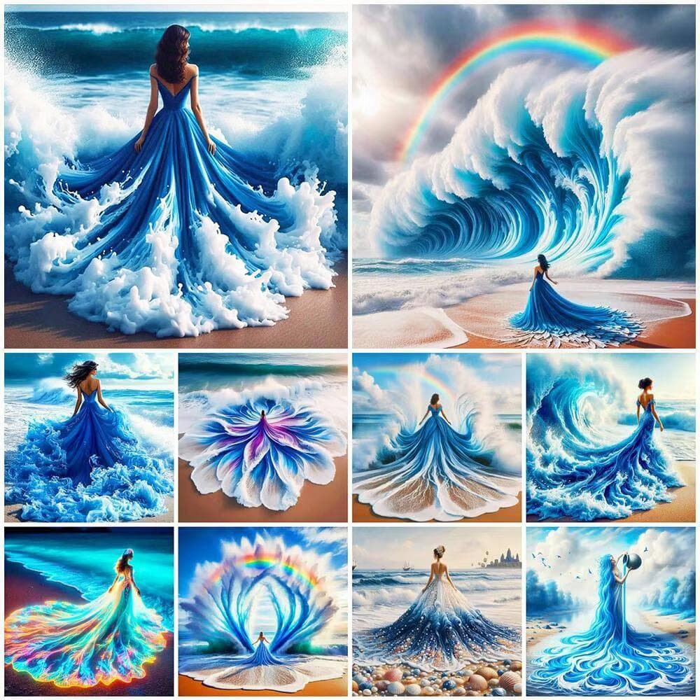 Robe de Soirée Mosaïque Diamant DIY Femme Peinture Diamant Complète Paysage Marin Strass Décoratifs pour la Maison