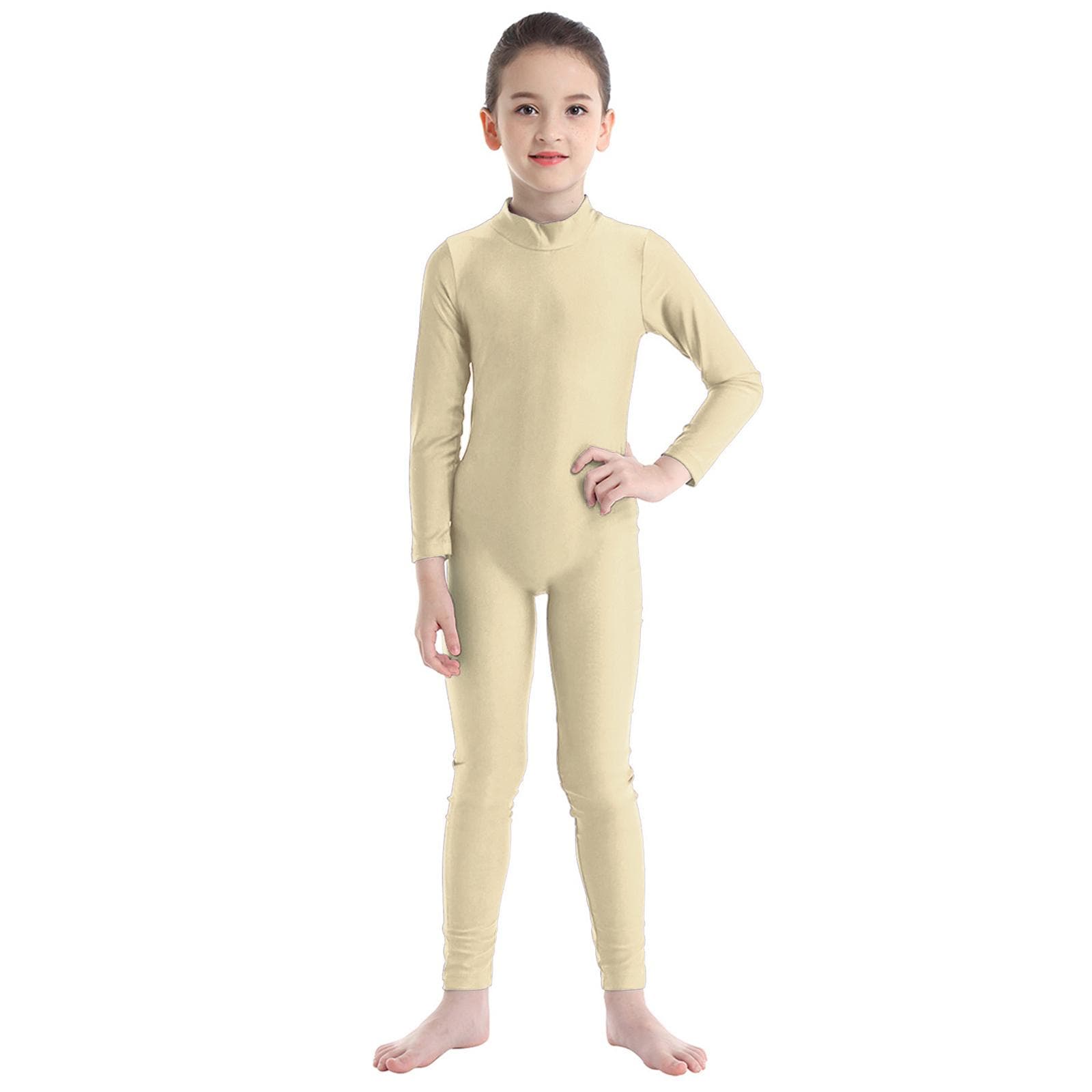 Combinaison de Danse Gymnastique Manches Longues pour Filles Combinaison Intégrale Catsuit Tenue de Danse Costumes 4-5 Years beige