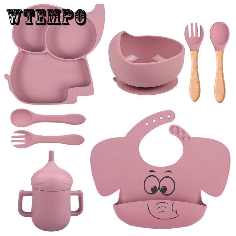 Ensemble de vaisselle en silicone pour bébé éléphant 8 pièces/ensemble plats d'alimentation pour bébé sans BPA bol assiette bavoirs cuillère