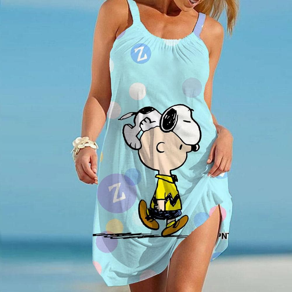 Robes de plage pour femmes Kawaii Snoopy S-3XL Été Anime Y2k 2024 Robe élégante Chic Bretelles Loisirs Sanrio Bohème Mode Sexy cm
