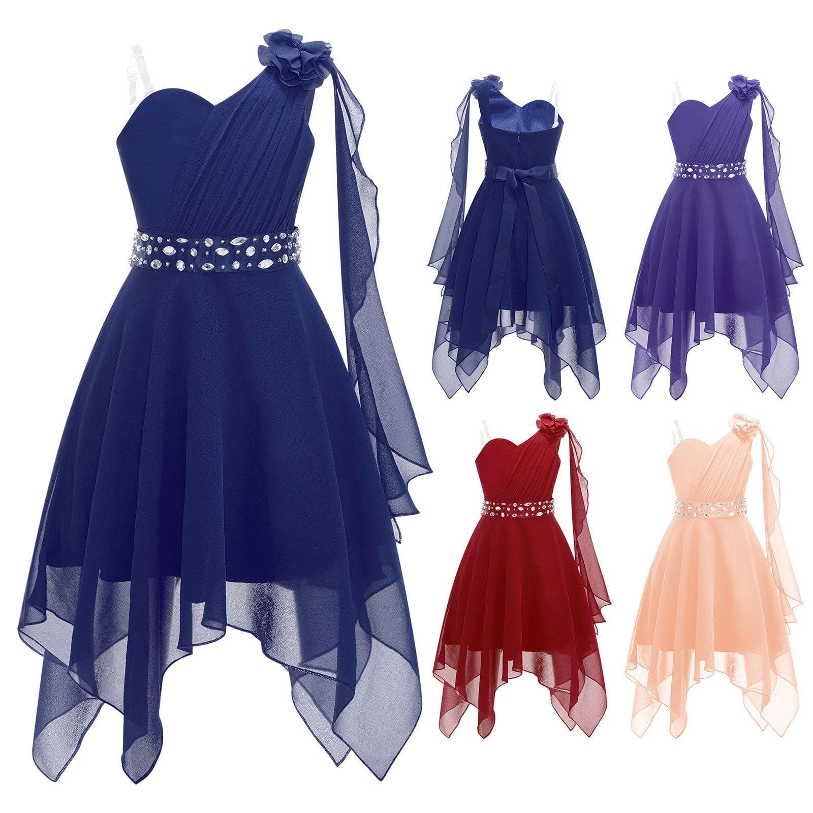 Robe d'été en mousseline de soie pour filles, tenue de princesse à fleurs, asymétrique épaule dénudée, avec ceinture perlée brillante cm rose