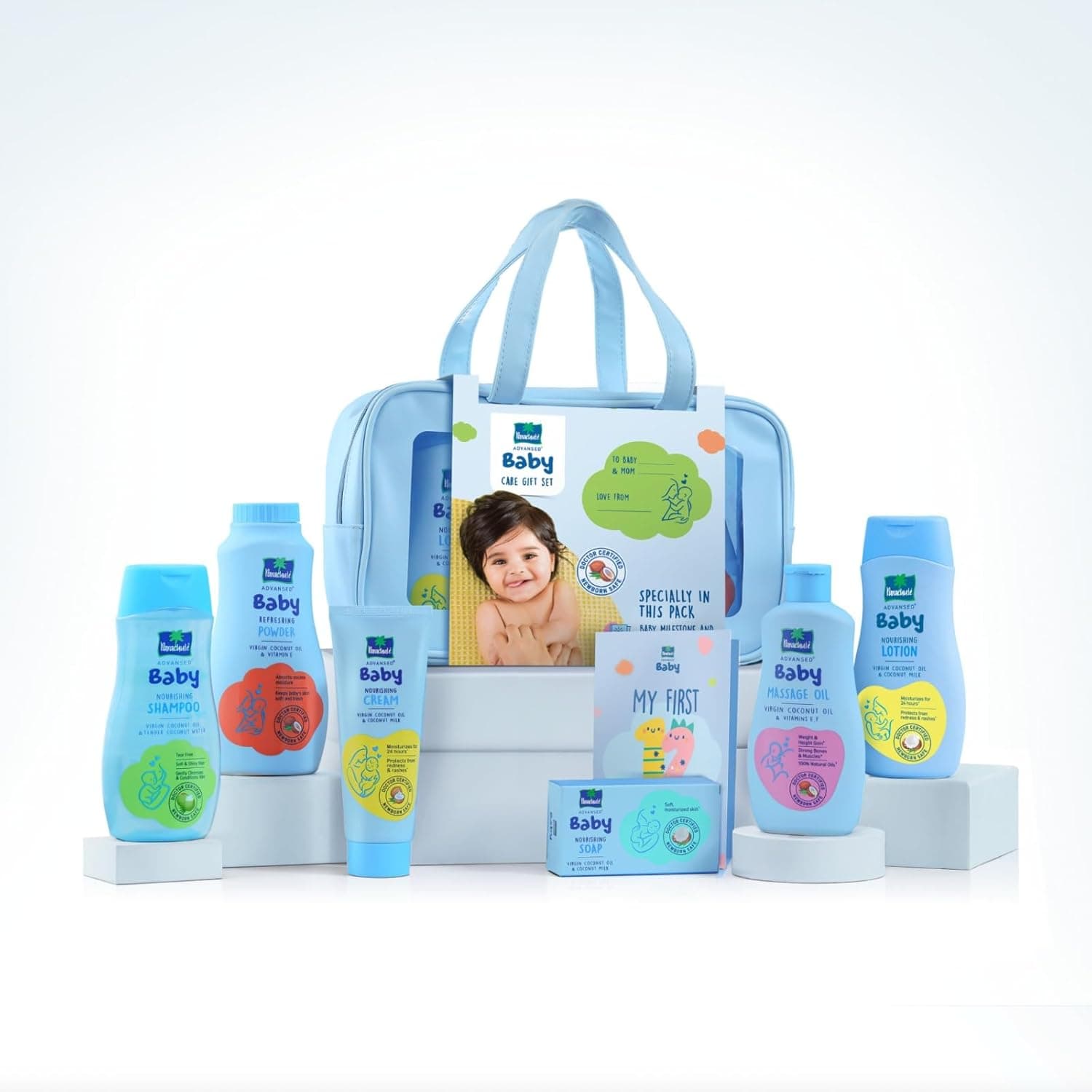 Coffret Cadeau Parachute pour Nouveau-né Avec Lotion, Huile, Shampoing, Crème & Poudre | Kit Essentiels Bébé 6-en-1 Avec Pochette Transparente de