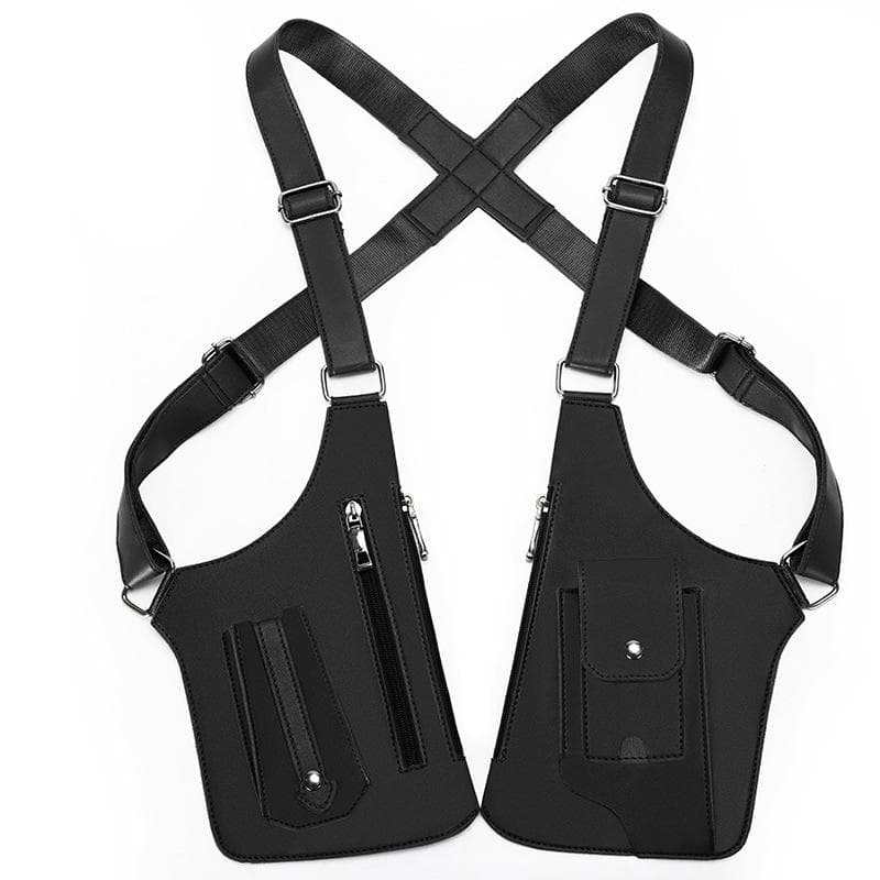 Bandoulière Double Multipoches Homme Extérieur Antivol Sac de Poitrine Cuir Multifonction Bandoulière Tactique Rangement Sac de Chasse noir