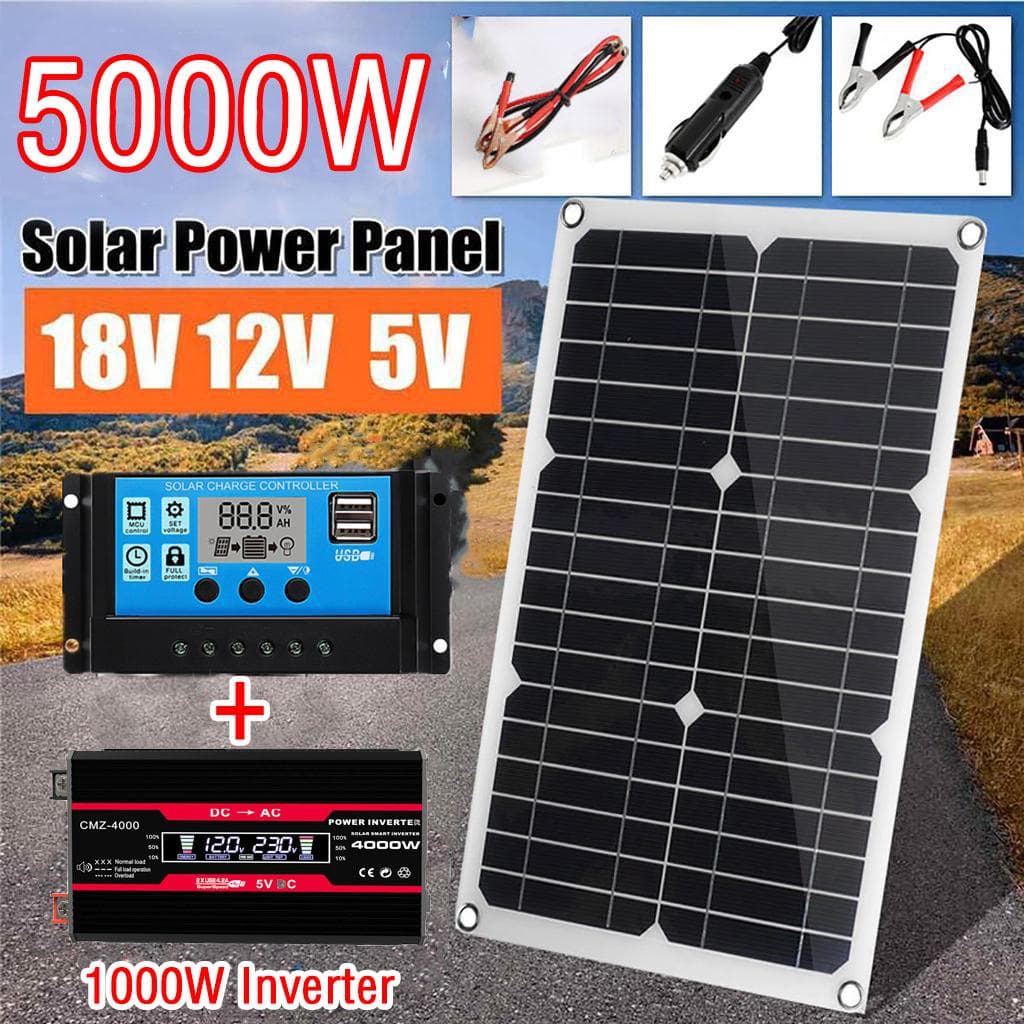 Onduleur pour énergie solaire 5000W, 12V DC à 220V/110V AC, double USB, 300W, Kit de panneaux solaires avec contrôleur, chargeur de batterie, pour
