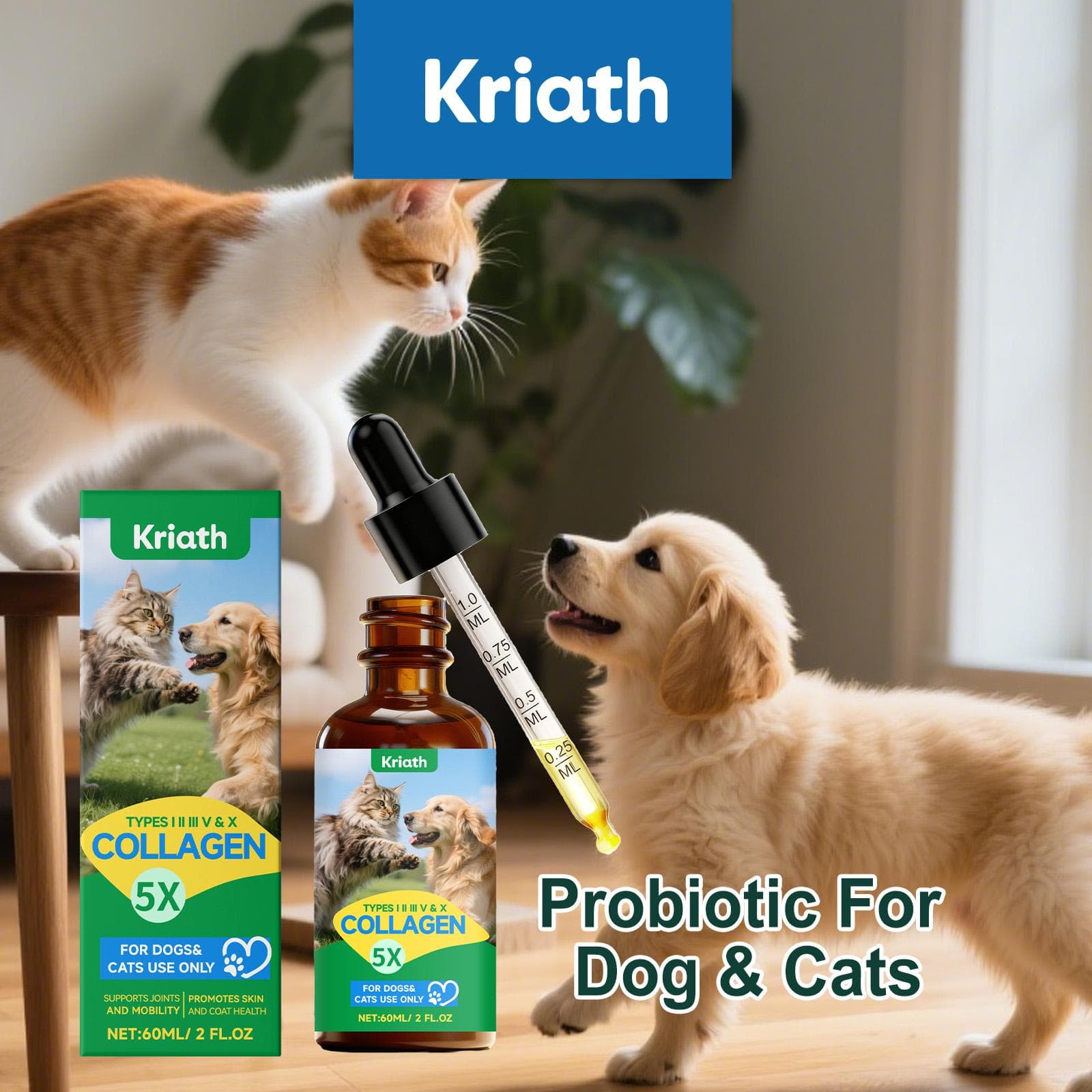 Gouttes de Collagène Kriath Pet 60 ml, chats et chiens. soins articulaires, santé de la peau, santé du pelage, santé intestinale, renforcement du