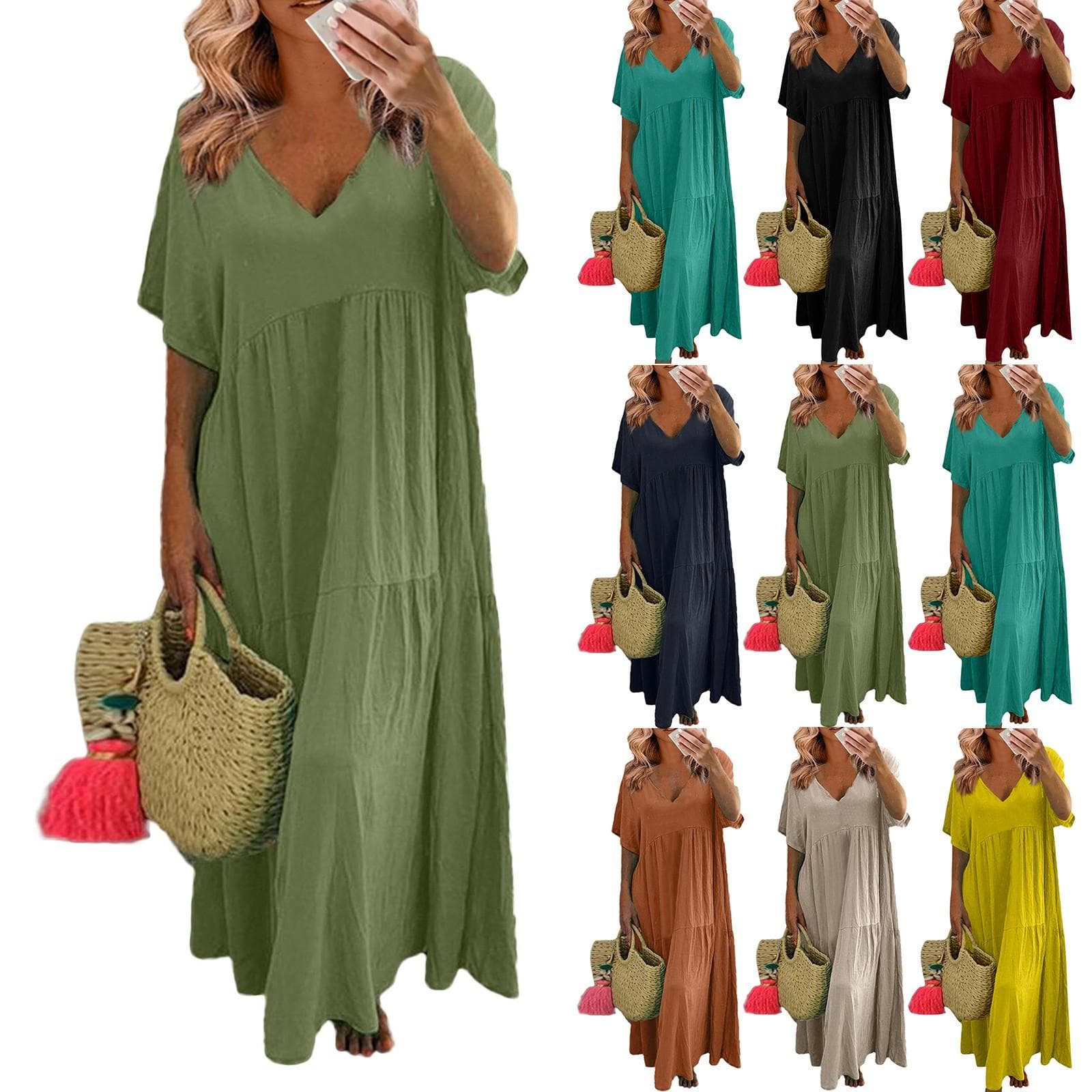 Robe Maxi d'Été pour Femmes Col en V Manches Courtes Grande Taille Couleur Unie Balançoire Irrégulière Robe Longue Robe de Plage cm noir