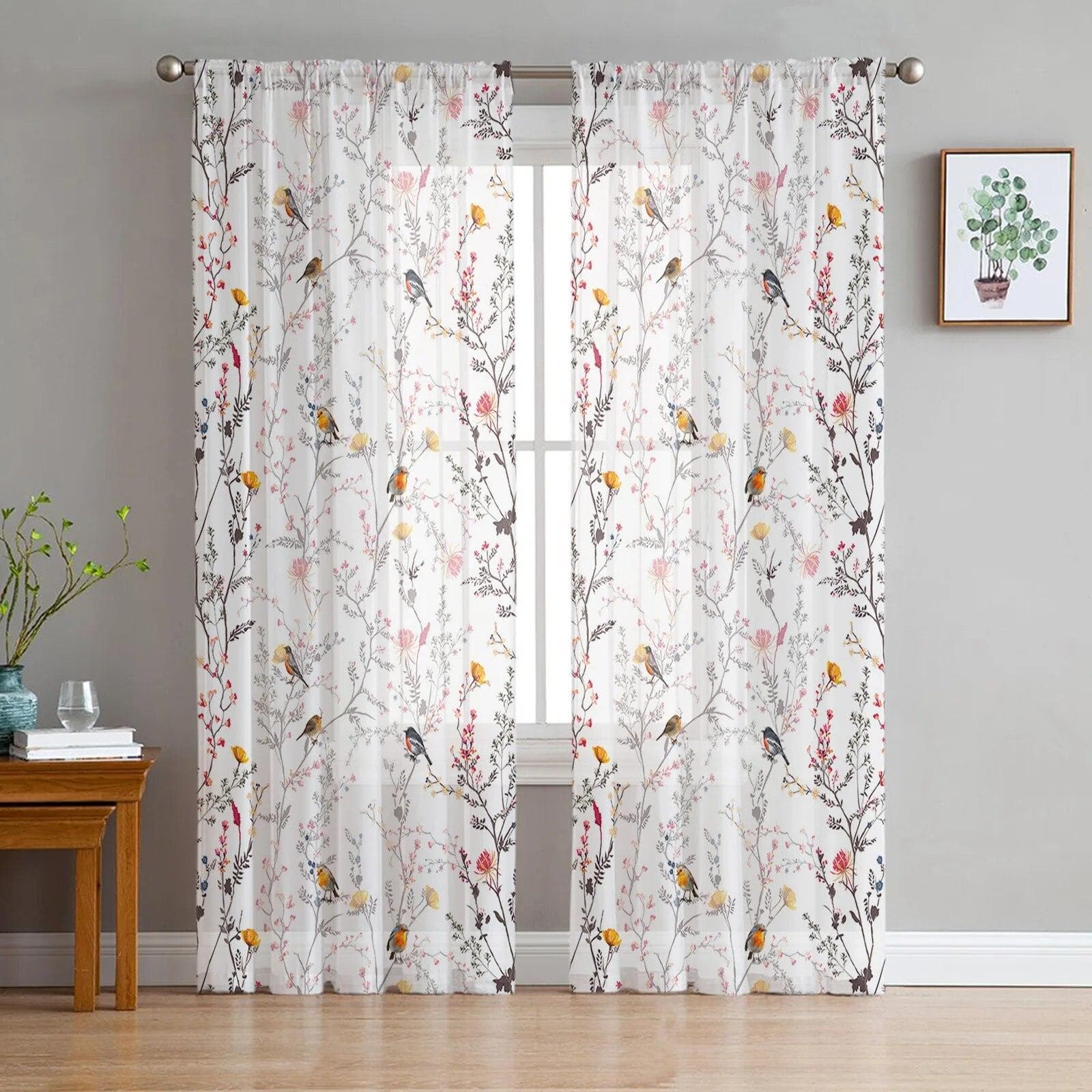 Printemps oiseau soleil fleur orchidée rétro chambre Transparent voilages décoration de vacances fenêtre Voile Tulle rideau