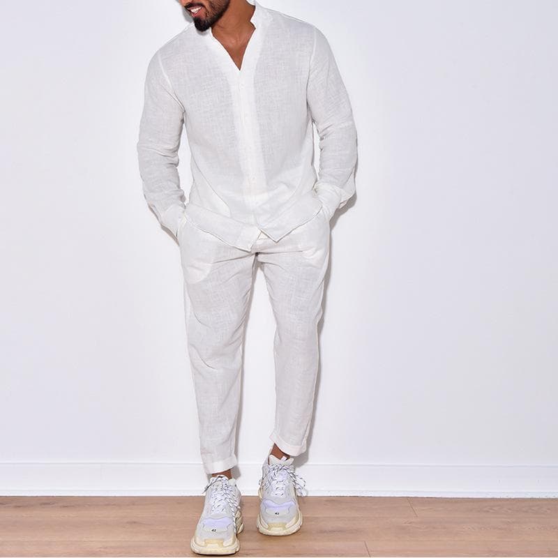 Ensemble deux pièces décontracté en lin pour homme, haut vintage et pantalon uni, style européen, survêtement de plage cm blanc