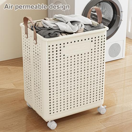 Panier à linge avec roulettes, grande capacité, poignée, panier à linge sale, imperméable, avec trous en maille respirante beige