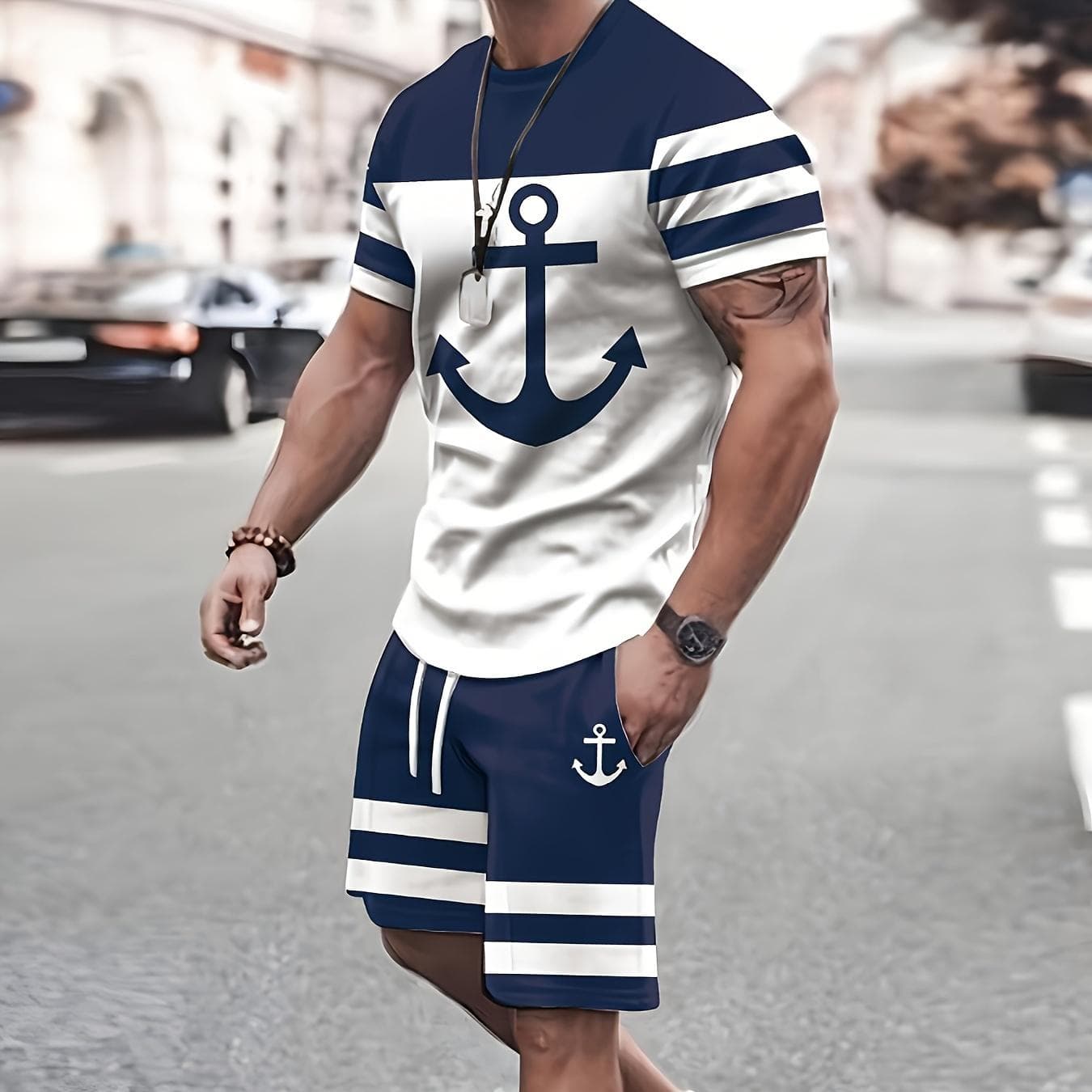 Ensemble 2 pièces pour hommes, tenue de vacances d'été imprimé ancre, T-shirt à manches courtes et Short décontracté à poches pour hommes cm