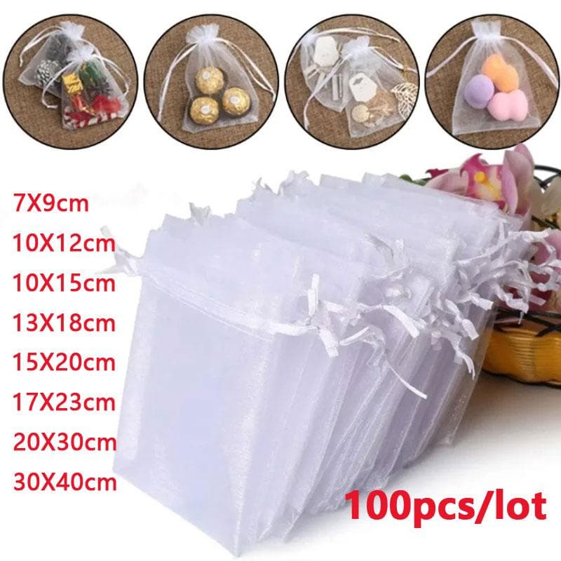 100 pièces/lot 7x9 9x12 10x15 13x18CM Sacs en Organza Sac à Bijoux Décoration de Fête de Mariage Sacs à Cordon Coulissant Pochettes Cadeaux