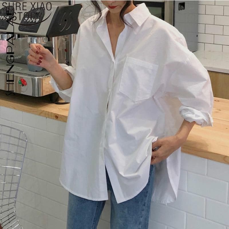 Femmes chemise blanche coton 2020 printemps automne Vintage dames hauts à manches longues décontracté col rabattu femmes Blouses amples 11456 cm