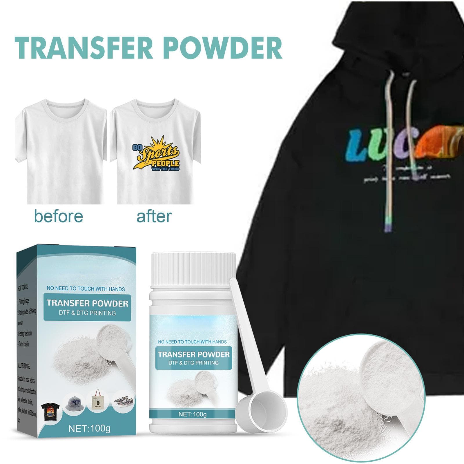 Poudre de transfert DTF 100g, Film de transfert thermique d'impression, transfert thermique pour tissu par Sublimation, poudre adhésive thermofusible