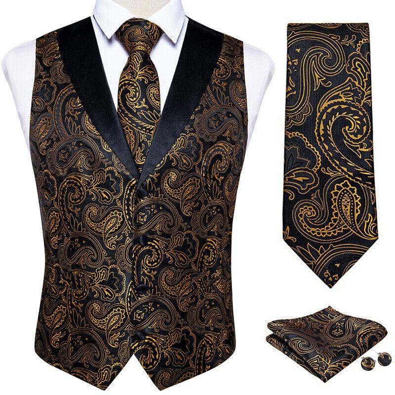Dibangu Gilet de Costume en Soie pour Hommes Noir Or Jacquare Gilet Cravate Hanky ​​Boutons de Manchette 4pc cm vert forêt