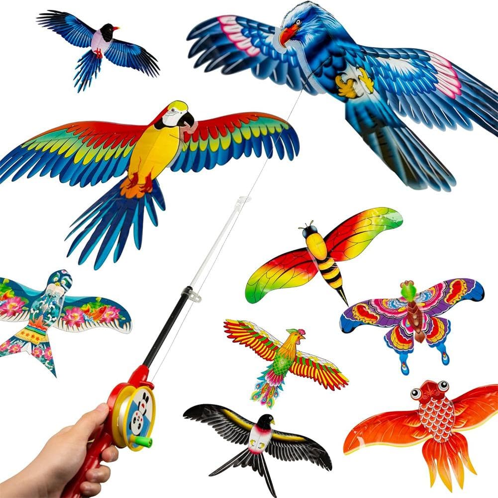 Mini Canne à Pêche Cerf-volant pour Enfants Papillon Hirondelle Perroquet Vifs Faciles à Lancer Kites Poisson Rouge pour Tout-Petit Extérieur