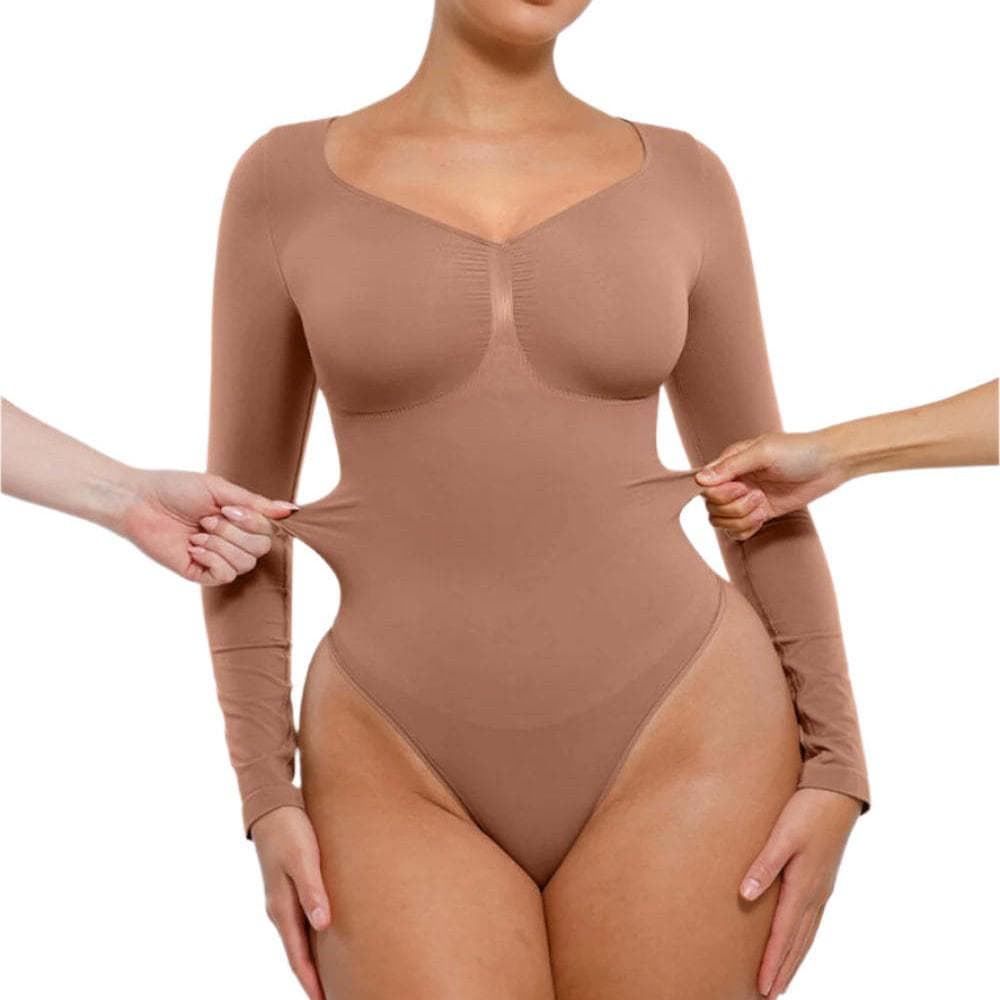 Body sans couture à manches longues et coupe slim pour femme avec col en V et design string à contrôle du ventre haute élasticité - Foncé cm