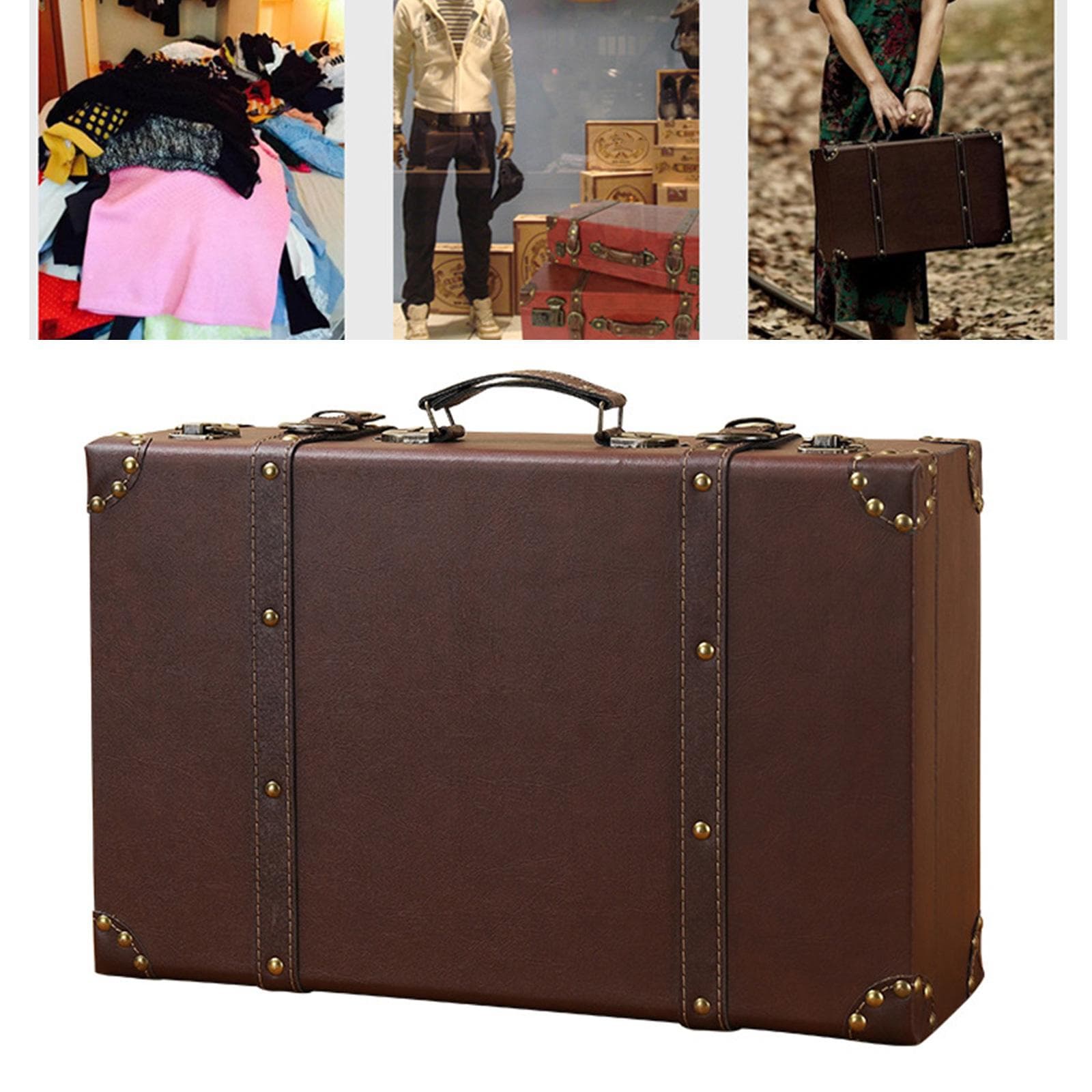 Valise en Bois et Cuir Faite à la Main Petit Coffre de Rangement Malle Décorative Décoration d'Affichage de Vitrine de Magasin de Vêtements marron
