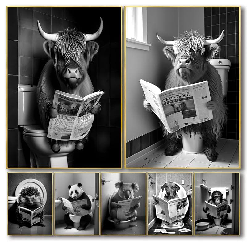 Affiche d'animaux drôles assis sur les toilettes, vache, Lion, tigre, peintures décoratives mignonnes, toile murale, décor moderne de salle de