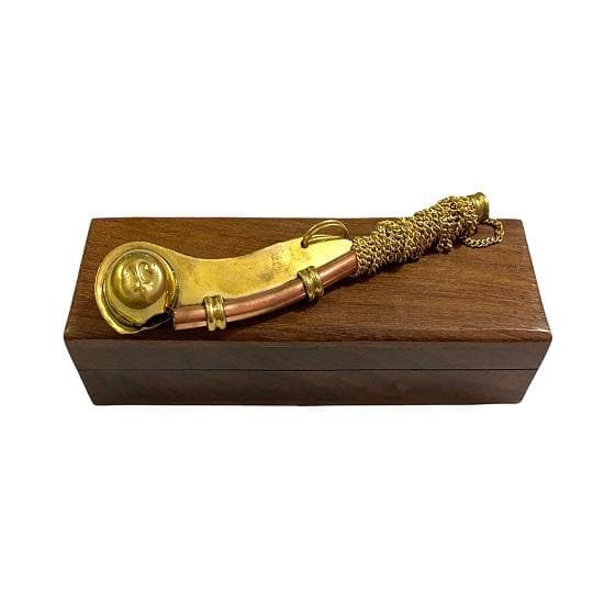 Sifflet de bosco en laiton, cuivre avec boîte en bois, sifflet d'appel de bosco, sifflet de marin de marine