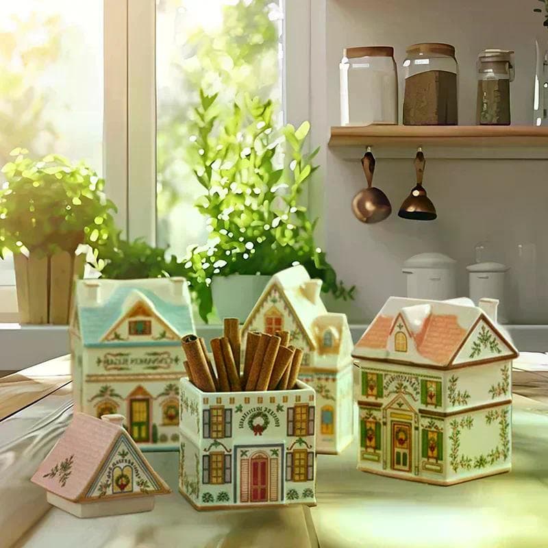 Ensemble Maison d'Épices Village de Vacances, Mini Pots Maisons de Pain d'Épices de Noël, Décor Festif Comptoir de Cuisine Bougie de Noël cm