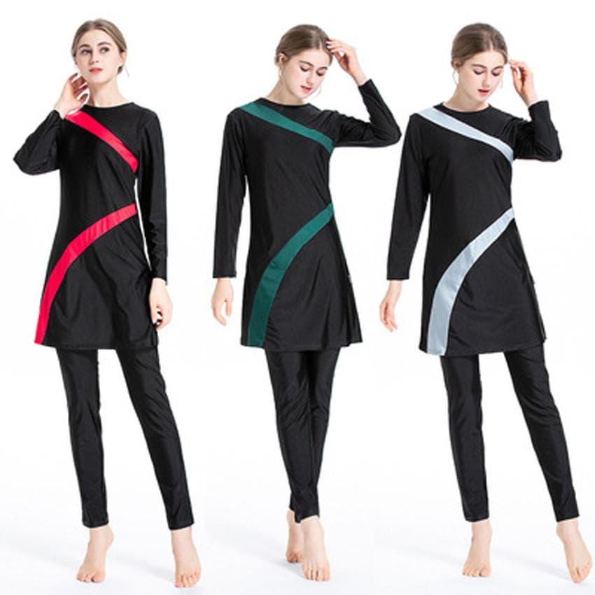 Maillot de bain haute élasticité pour femmes, maillot de plage musulman, Burkini, couverture complète, vêtements de plage islamiques cm noir/rouge