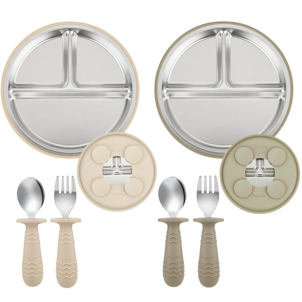 PandaEar Lot de 2 Assiettes Bébé à Ventouse en Acier Inoxydable & Lot de 2 Jeux de Cuillères et Fourchettes, Ustensiles pour Tout-Petits Set