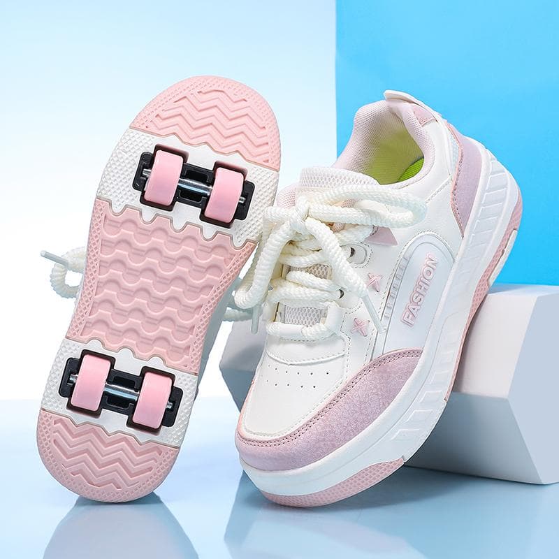 Chaussures à roulettes à quatre roues à bouton rotatif pour garçon Chaussures pour enfants avec roues Chaussures de skate pour fille cm rose