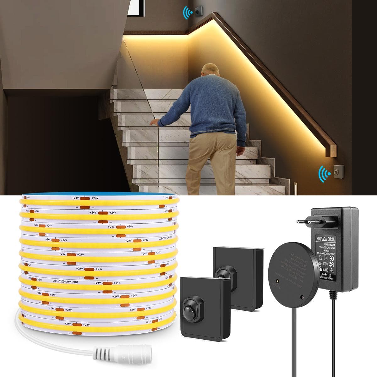 Bande lumineuse LED COB avec interrupteur de capteur de mouvement PIR portable/récepteur RF sans fil, lampe de nuit pour armoire de cuisine, chambre