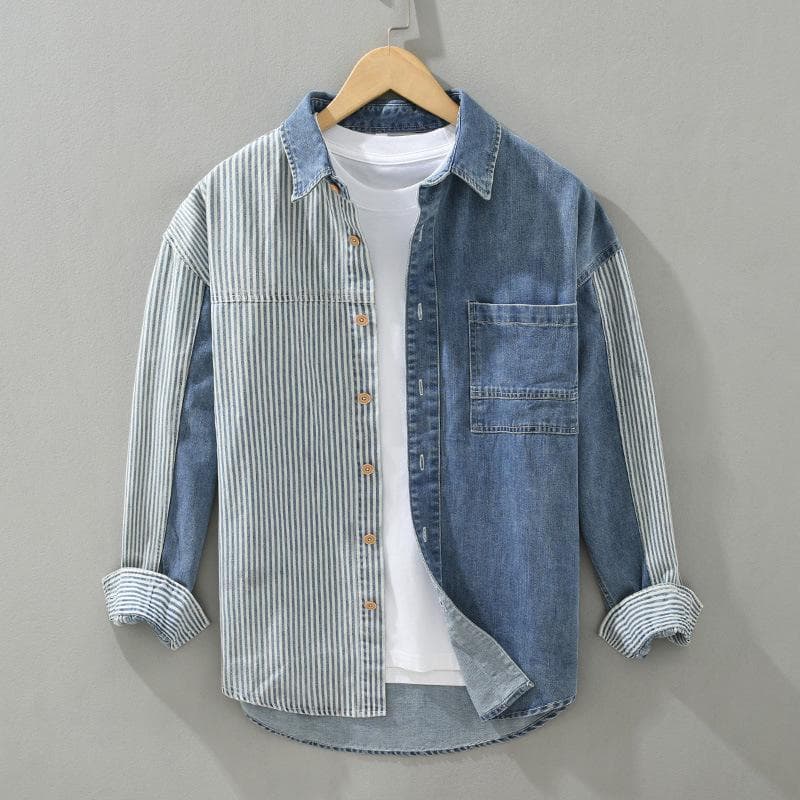 Chemise à Manches Longues Patchwork Rayures Denim Bloc de Couleurs pour Homme - Style Décontracté Hong Kongais cm