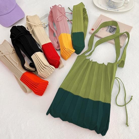 Sac de Courses Pliable Réutilisable Accordéon Sac Cabas pour Courses Sac à Bandoulière Plissé Color Block pour Courses Quotidiennes vert