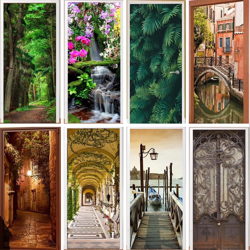 Autocollant de porte en vinyle de paysage 3D, pour chambre à coucher, décoration de maison, autocollant mural amovible, affiche étanche de