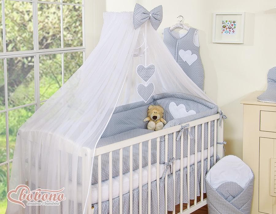 Grande moustiquaire pour lit de bébé en mousseline blanche avec cœurs et un nœud - pois sur fond gris