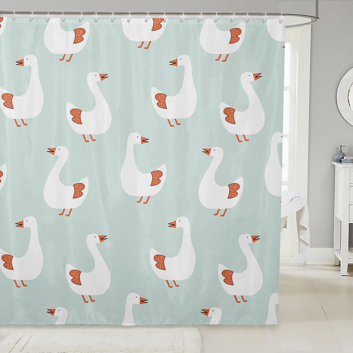 Rideau de douche oie mignonne pour enfants, Rideau de salle de bain motif oie dessinée à la main style ferme, Rideau de bain animal canard
