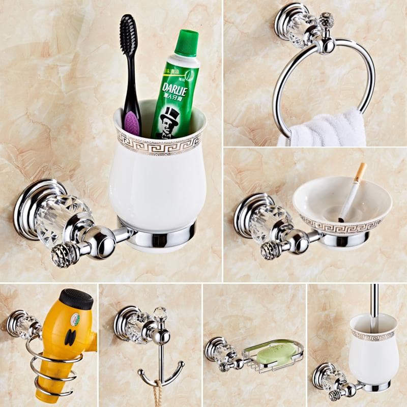Ensemble de Quincaillerie de Salle de Bain Étagère à Serviettes de Bain en Cristal Porte-Rouleau de Papier Toilette Barre à Serviettes Chrome