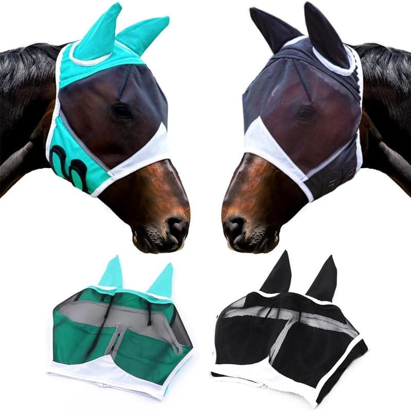 Masque de cheval en plein air, masque anti-mouches en maille avec oreille, masque respirant, masque détachable pour cheval bleu
