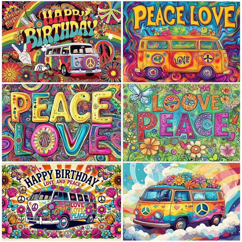 Style Bohème Coloré Thème Bus Hippie Toile de Fond Anniversaire Paix Et Amour Décorations de Fête Bannière Tie Dye Toile de Fond Vinyle Cadeaux