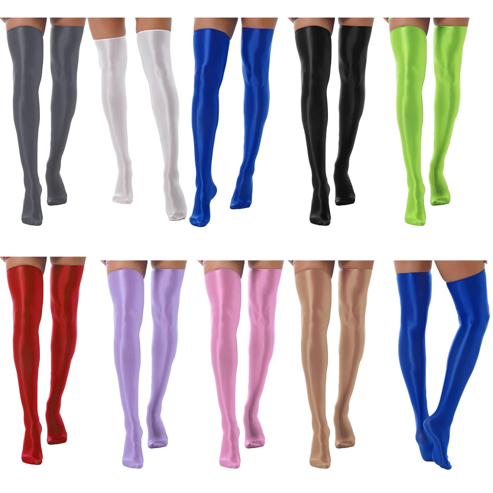 1 paire de bas hauts de cuisse brillants pour femmes, chaussettes extensibles de couleur unie, accessoires de Costume cm verte fluorescente