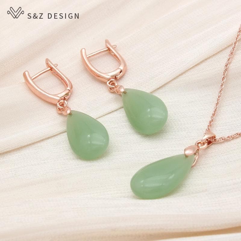 Boucles d'oreilles pendantes en forme de goutte d'eau pour femmes, ensemble de bijoux élégants, couleur or Rose, collier pendentif classique de