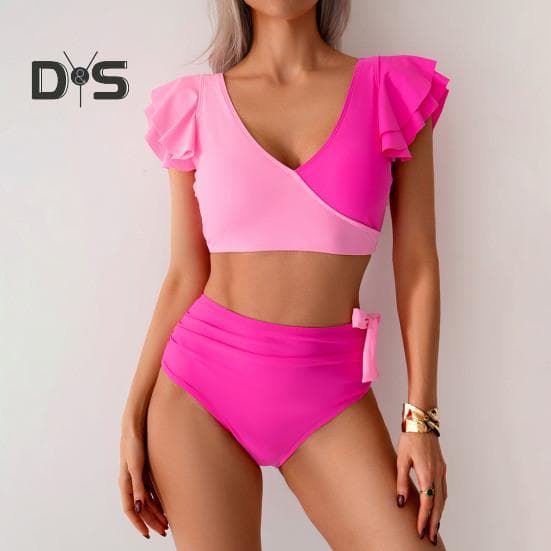 Ensemble bikini 2 pièces pour femme, col en V, manches à volants, soutien-gorge taille haute, slip de bain, découpes arrondies, maillot de bain cm
