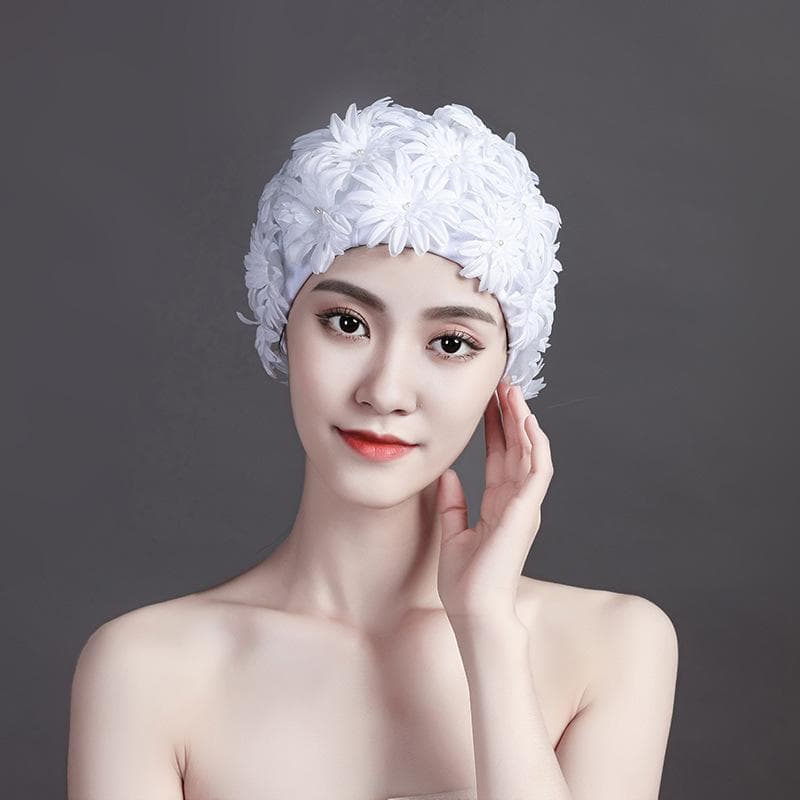 Bonnet de Bain Femme Fleur de Perle Fait Main Cousu Main Fleurs Tridimensionnelles Larges N'étrangle Pas la Tête Double Tissu Nage Chaud