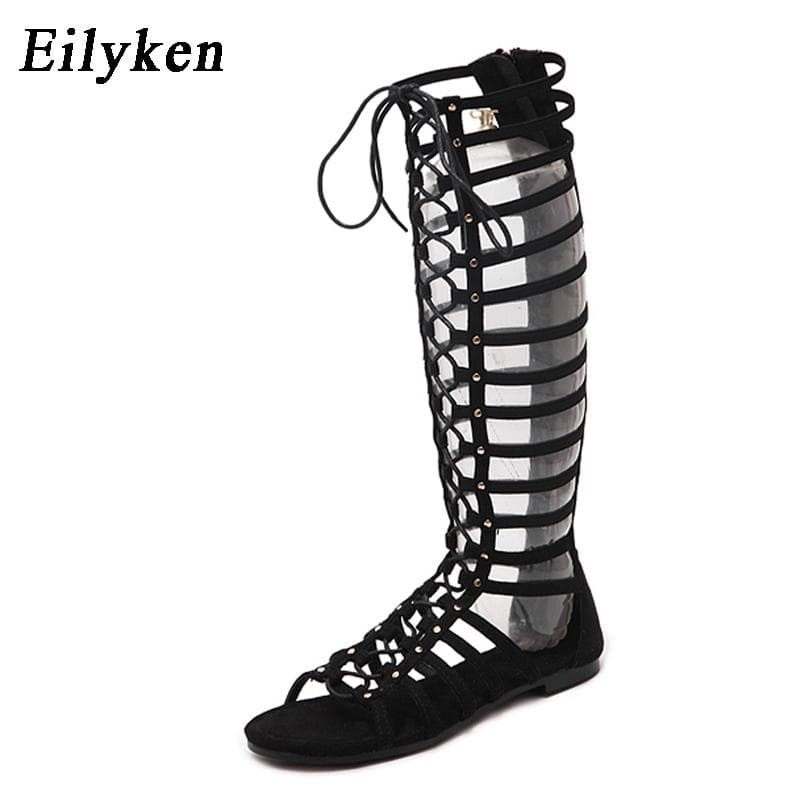Eilyke haute qualité en cuir femmes sandales à bretelles bout ouvert genou été gladiateur sandales plates pansement romain bottes décontractées