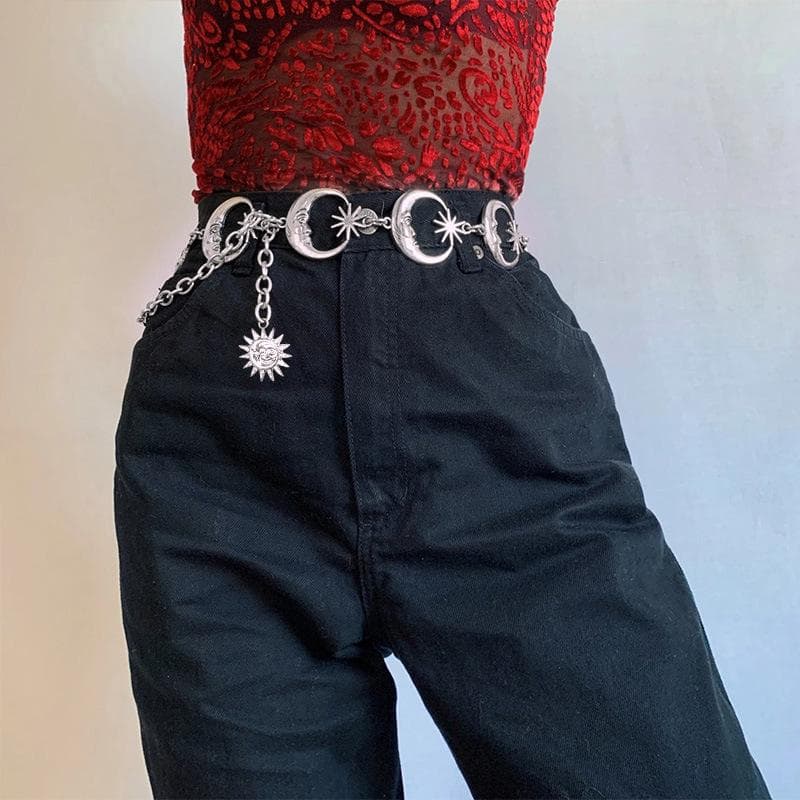 Harajuku Punk lune métal ceintures femmes Vintage taille haute chaîne taille ceintures gothique lune soleil argent pendentif ceintures femme 132cm